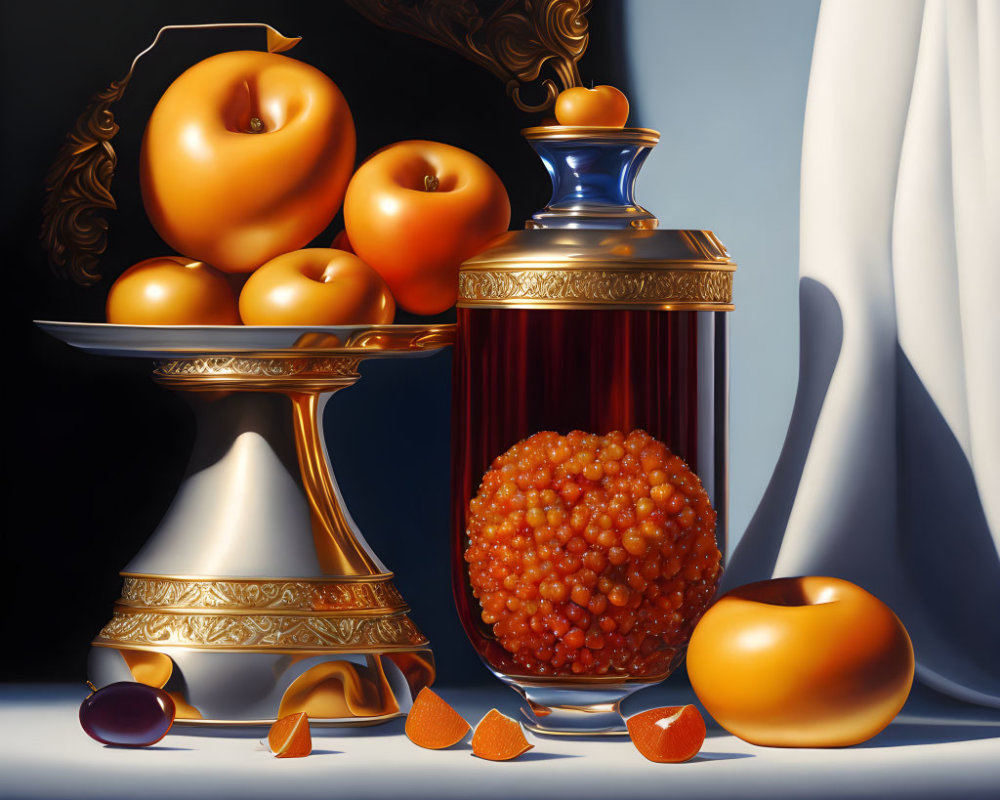 Classic Still Life Painting with Oranges, Silver Pedestal, Caviar, and Draped