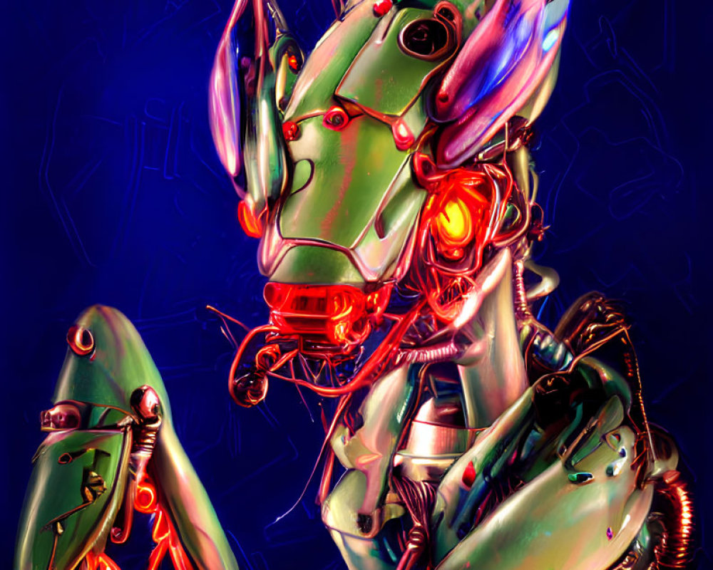 Colorful Robotic Praying Mantis with Glowing Red Eyes on Dark Blue Background