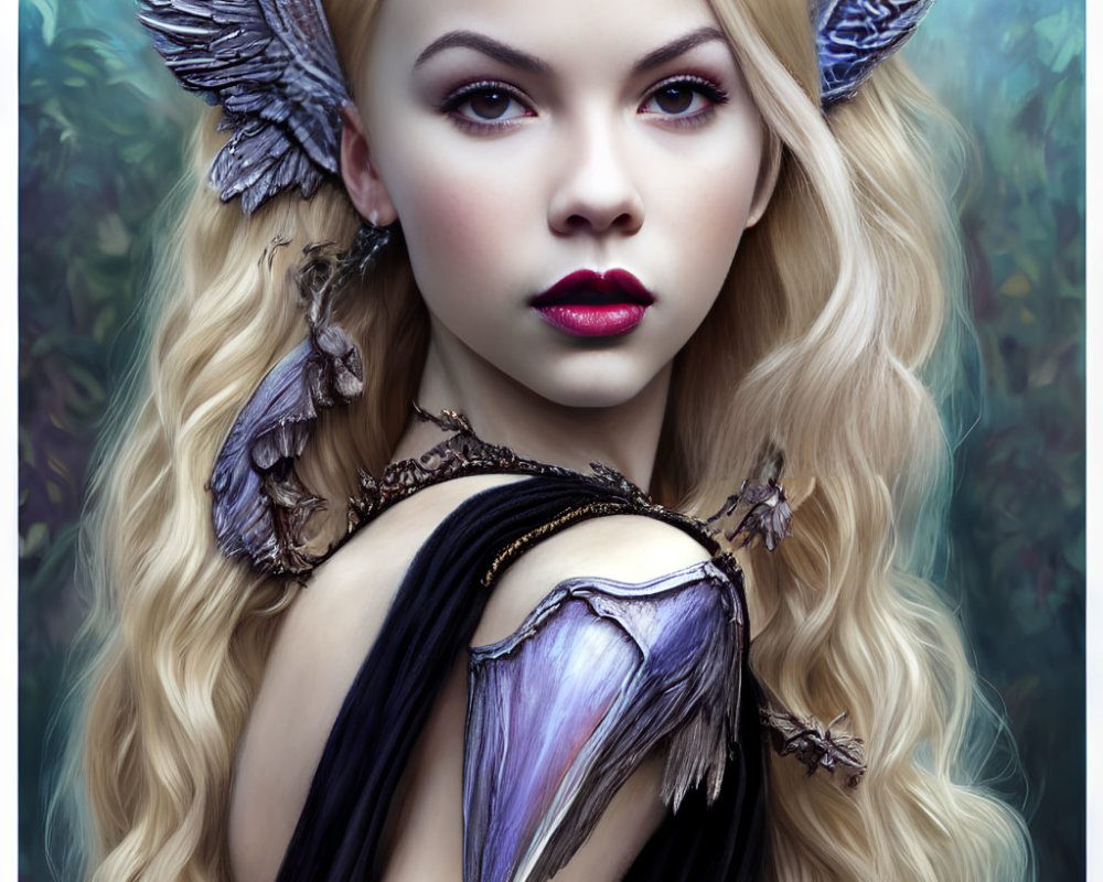 Portrait of woman with striking makeup and fantasy outfit in mystical forest