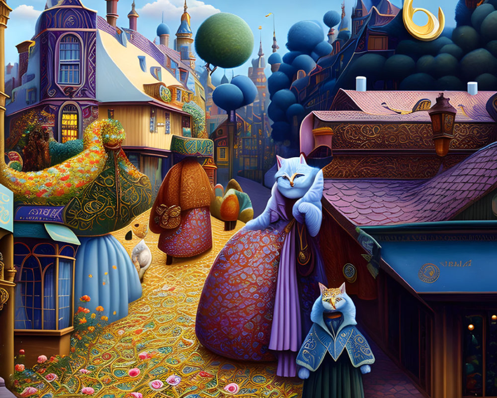 Whimsical anthropomorphic cats in vibrant townscape