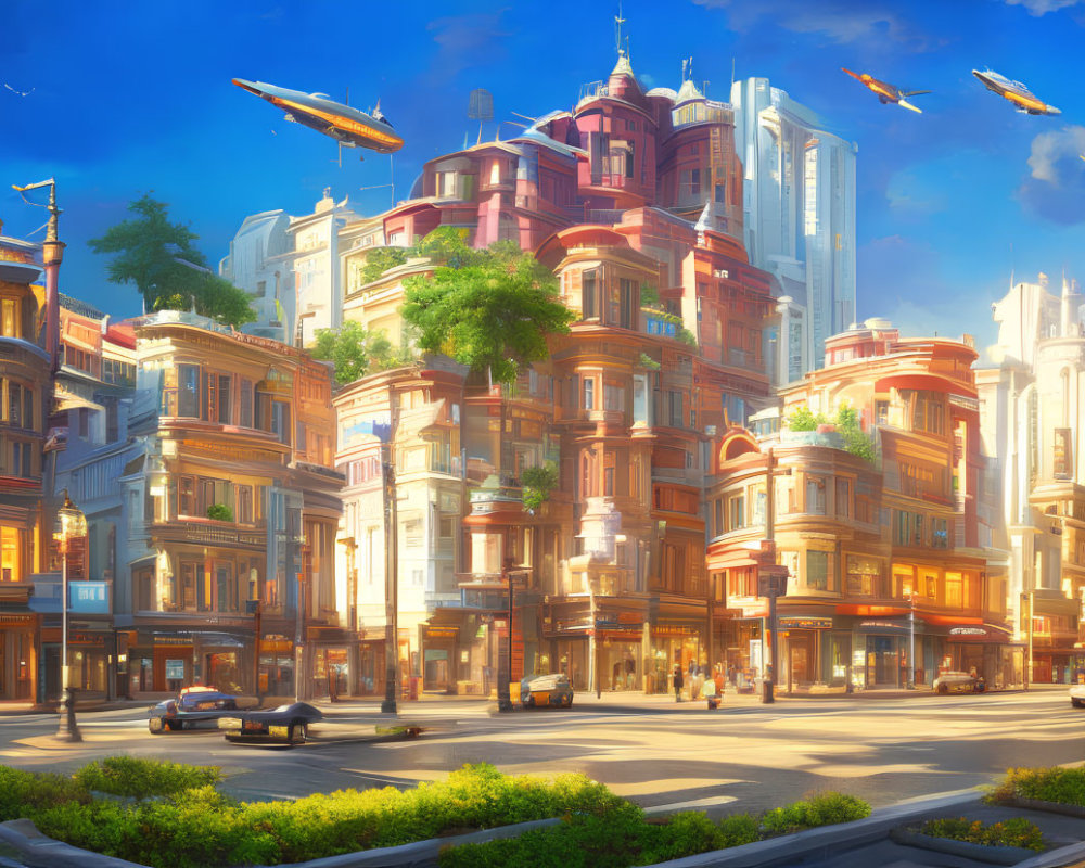 Cityscape blending classical and futuristic architecture with flying vehicles on sunlit streets