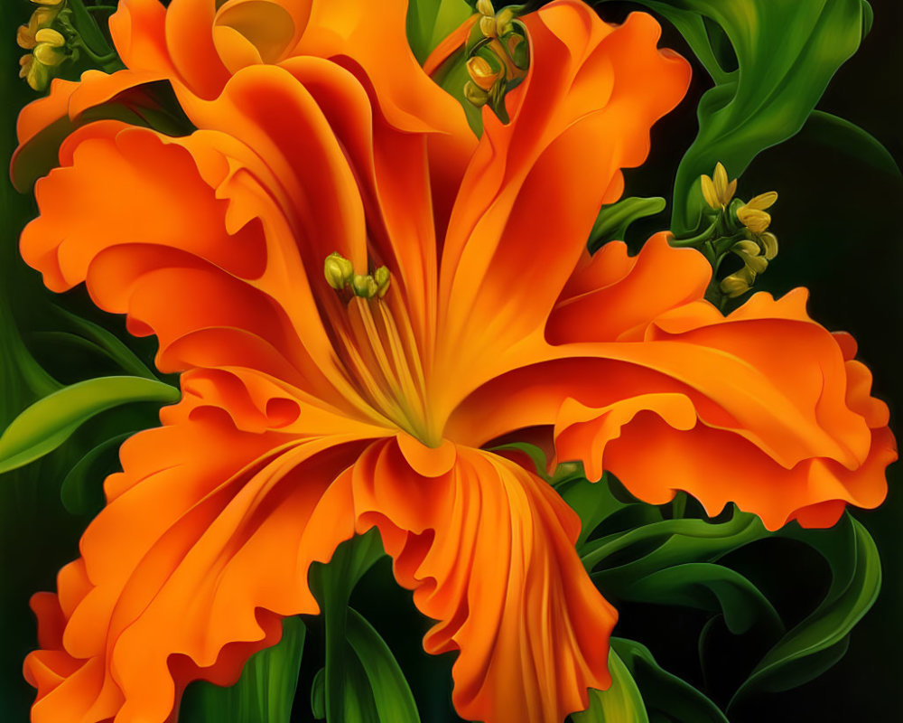 Detailed Orange Lily with Green Leaves in Realistic Digital Art