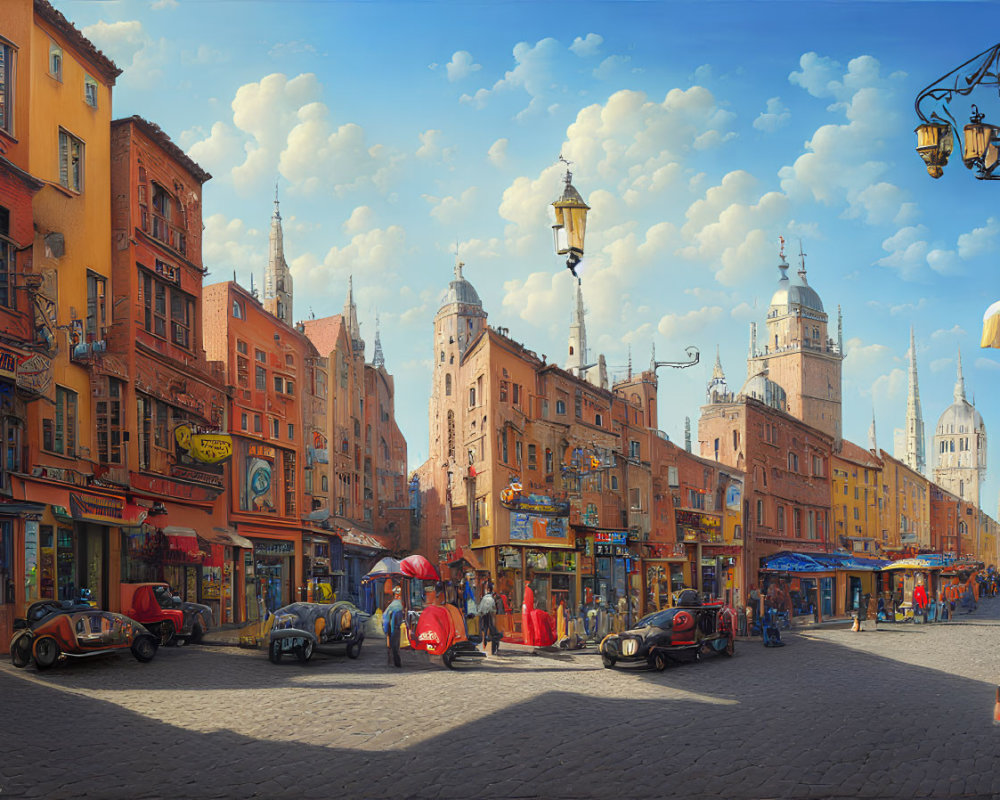 Vintage cars, classic attire, and old-world architecture in a colorful street scene.