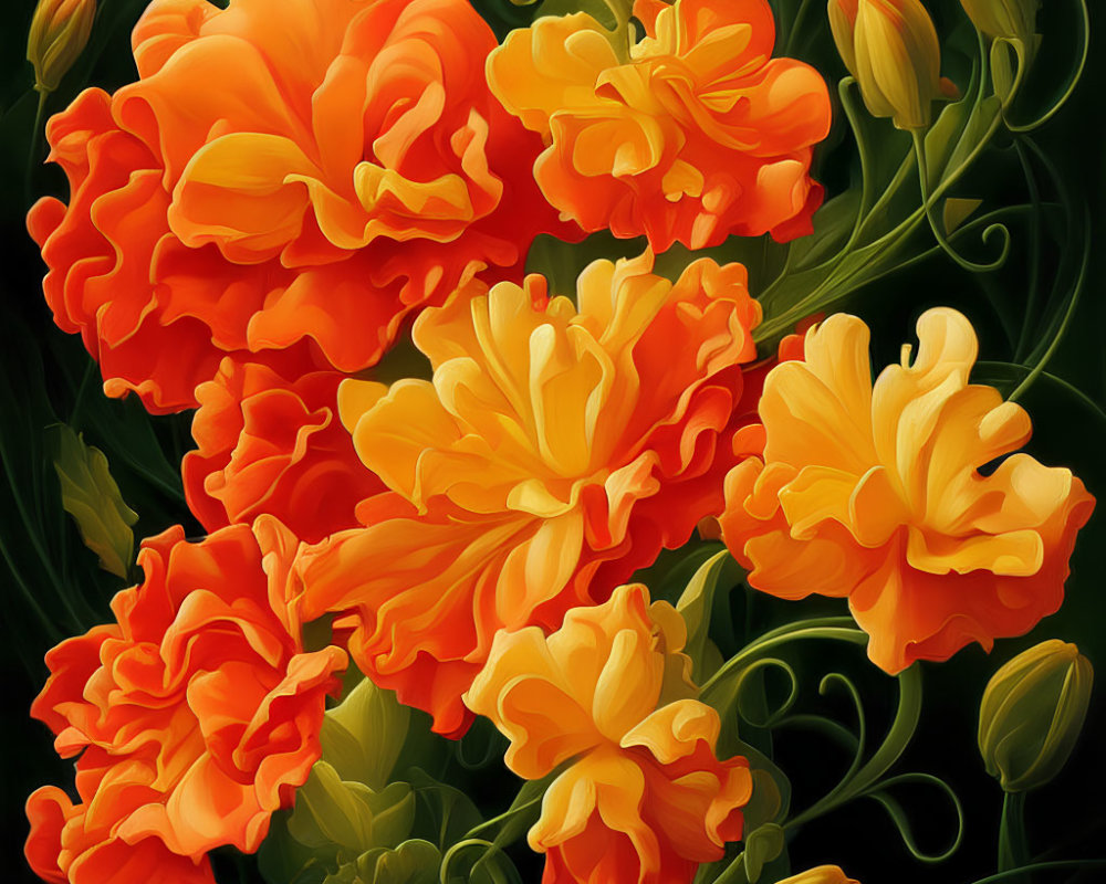Bright Orange and Yellow Marigold Flowers on Dark Background