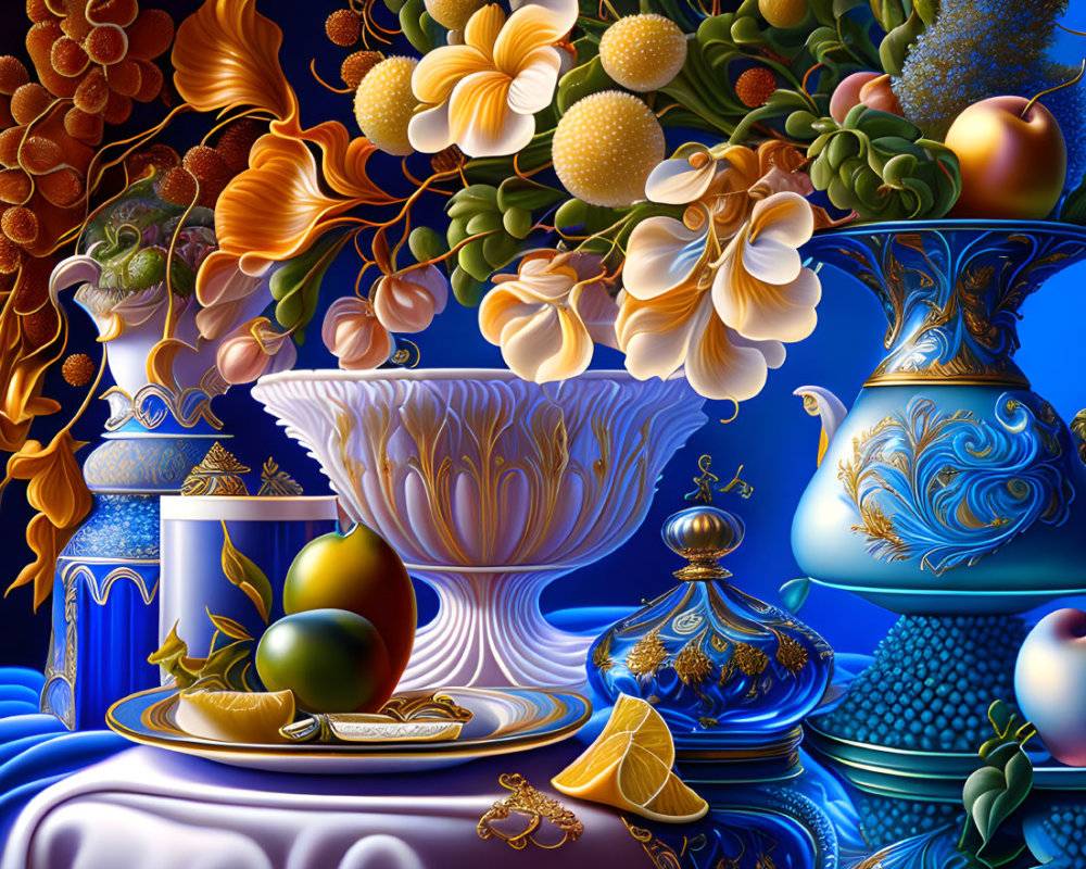 Colorful still-life with vases, fruit bowl, flowers on blue background