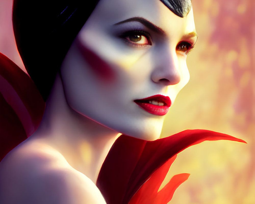 Digital artwork featuring female character with black and white horns and vibrant red collar on warm background