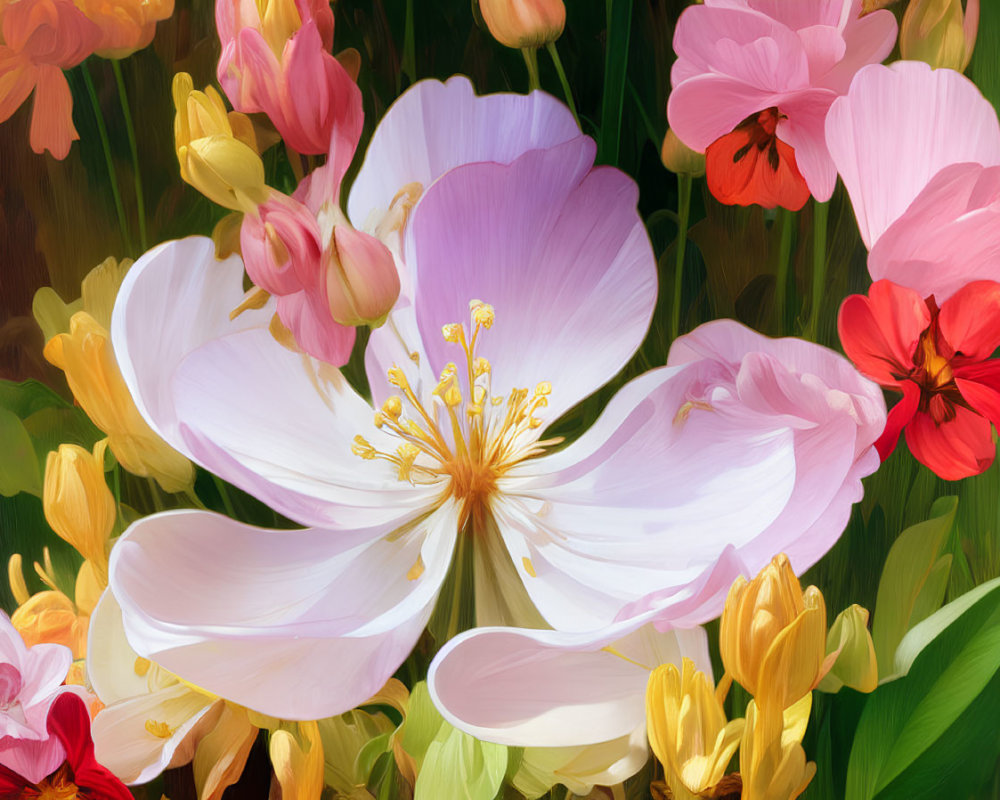 Colorful digital painting of pink blossom and tulips in soft-focus.