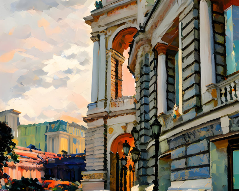 Historic urban street painting with elegant buildings and solitary figure