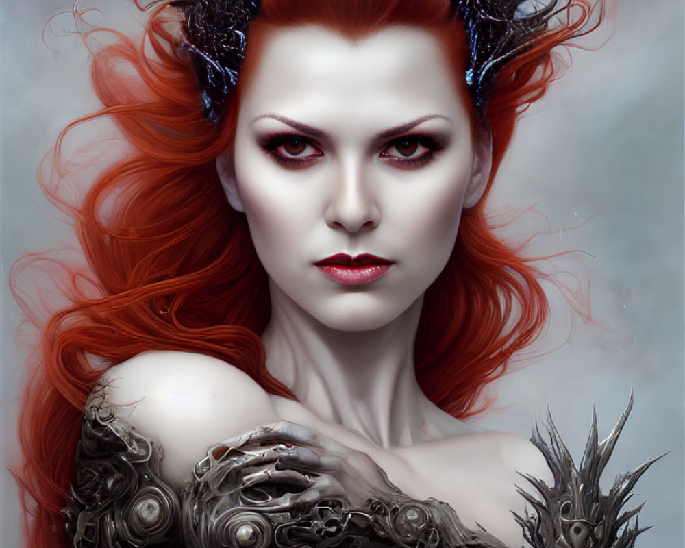 Digital artwork: Pale-skinned woman with fiery red hair, dark crown, and metallic shoulder armor