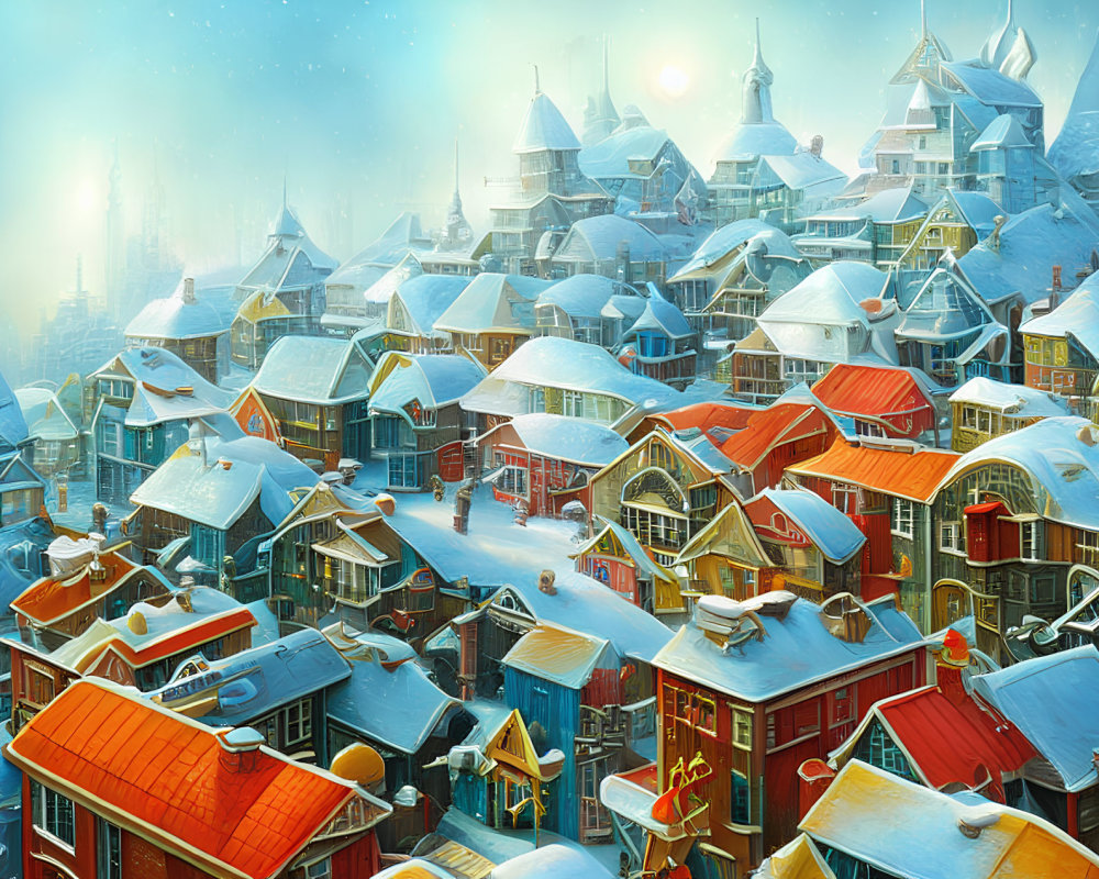 Winter village scene with colorful roofs and snowy landscape