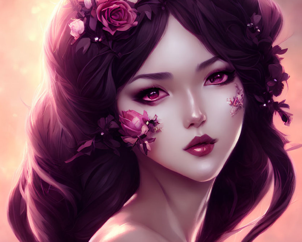 Digital portrait: Woman with dark hair, purple flower adornments, purple eyes, mystical ambiance