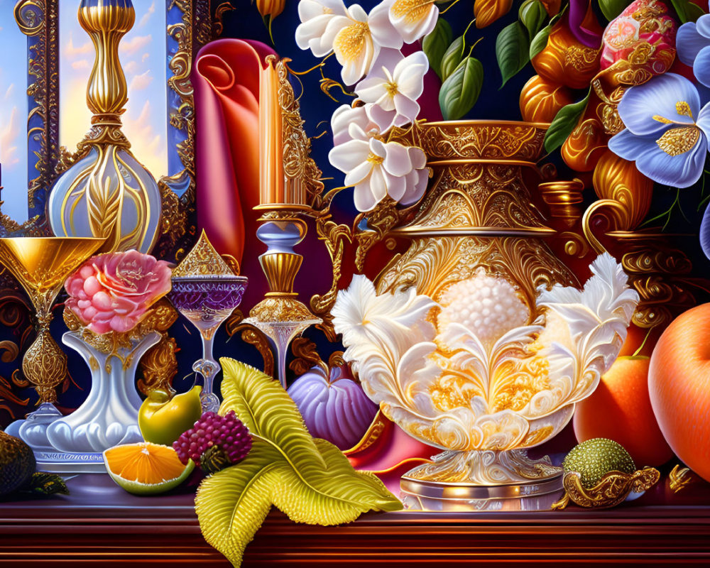 Luxurious Still Life with Gold Vessels, Flowers, Fruit, and Candle