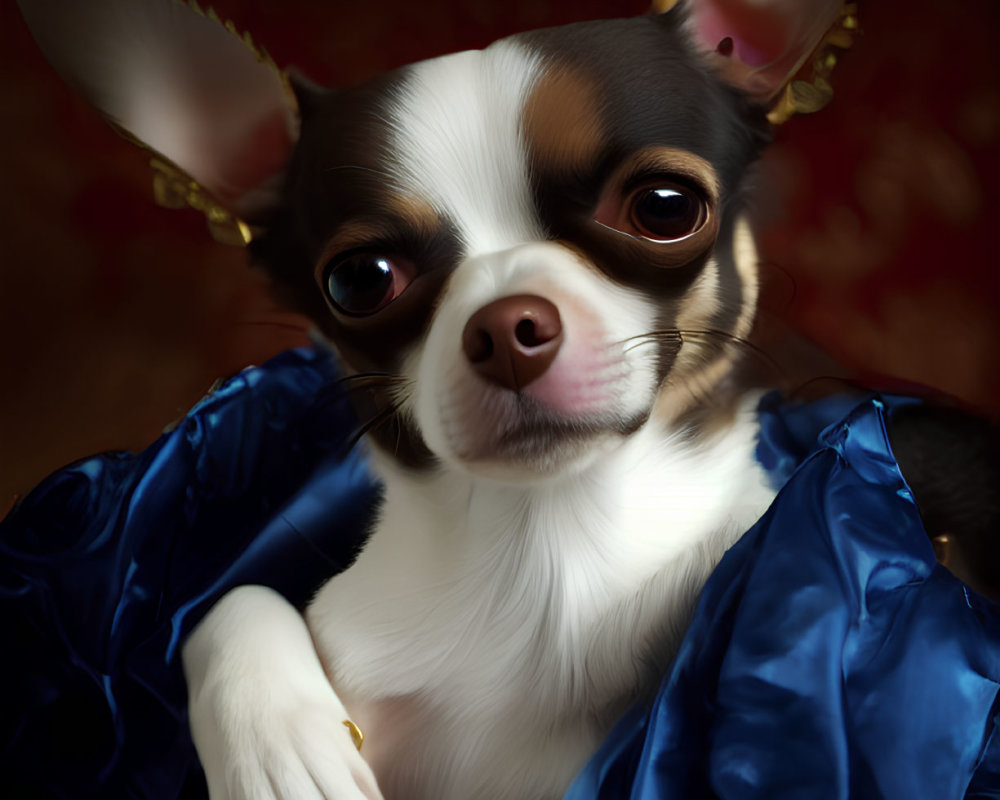 Chihuahua in royal blue gown on dark red background