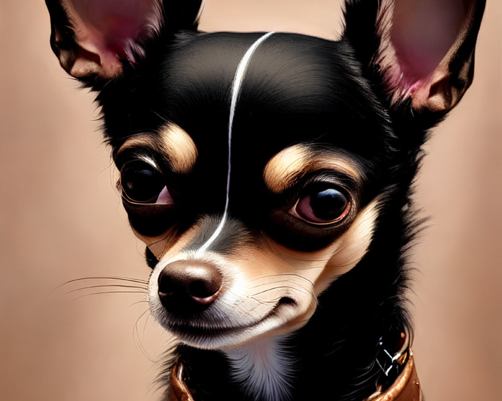 Stylized digital portrait of black Chihuahua with large ears in brown collar