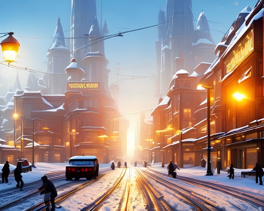 Snow-covered winter cityscape at dusk with illuminated buildings and tram.