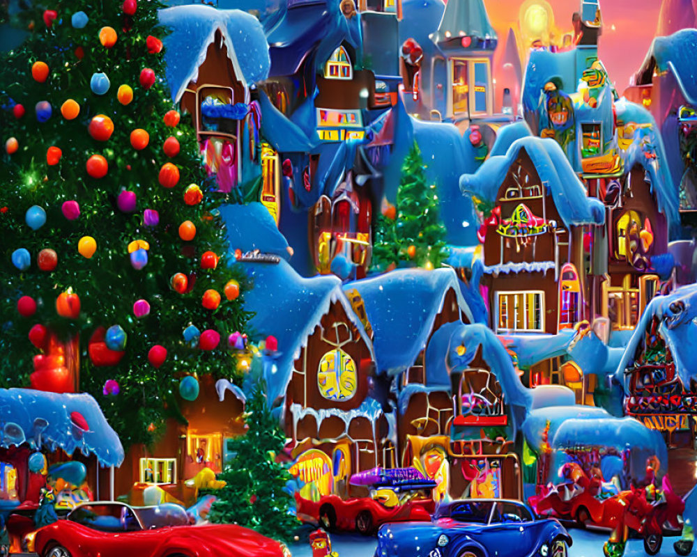 Colorful Houses, Christmas Tree, Snowy Street, Sports Cars: Festive Winter Scene