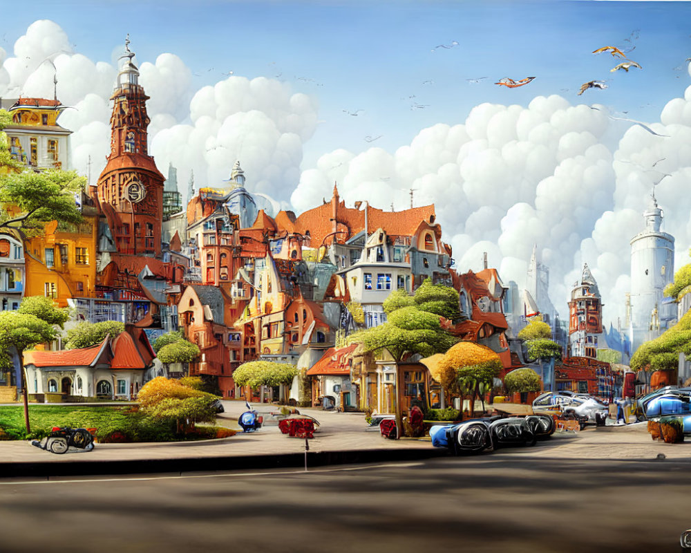 Eclectic architecture and vintage cars in vibrant cityscape