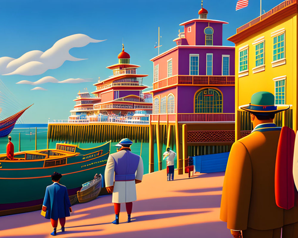 Historical coastal scene with people in 20th-century attire, buildings, and sailing ship