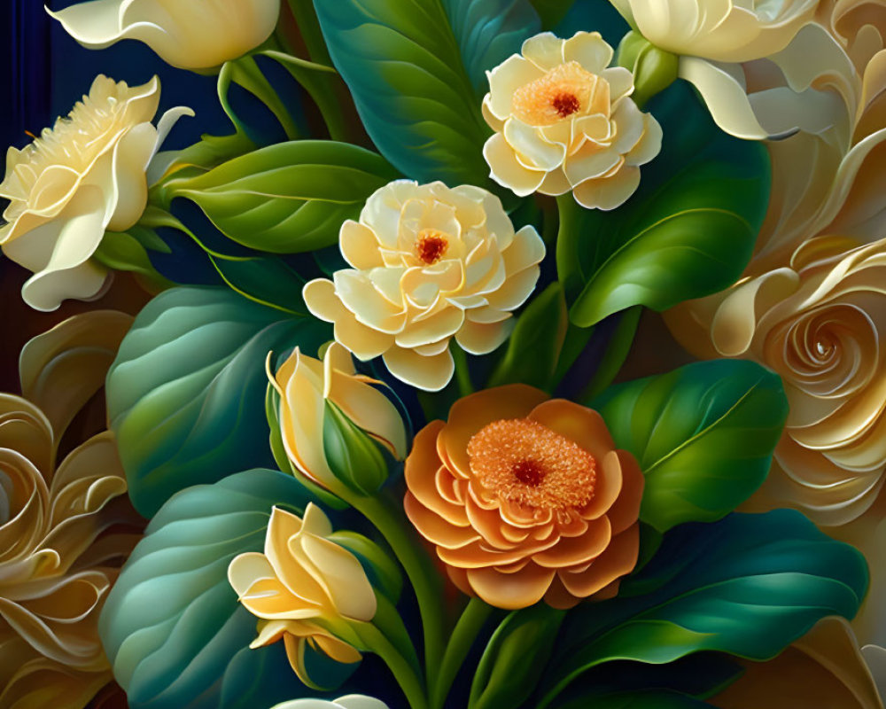 Colorful digital artwork of white, cream, and orange flowers on a dark background