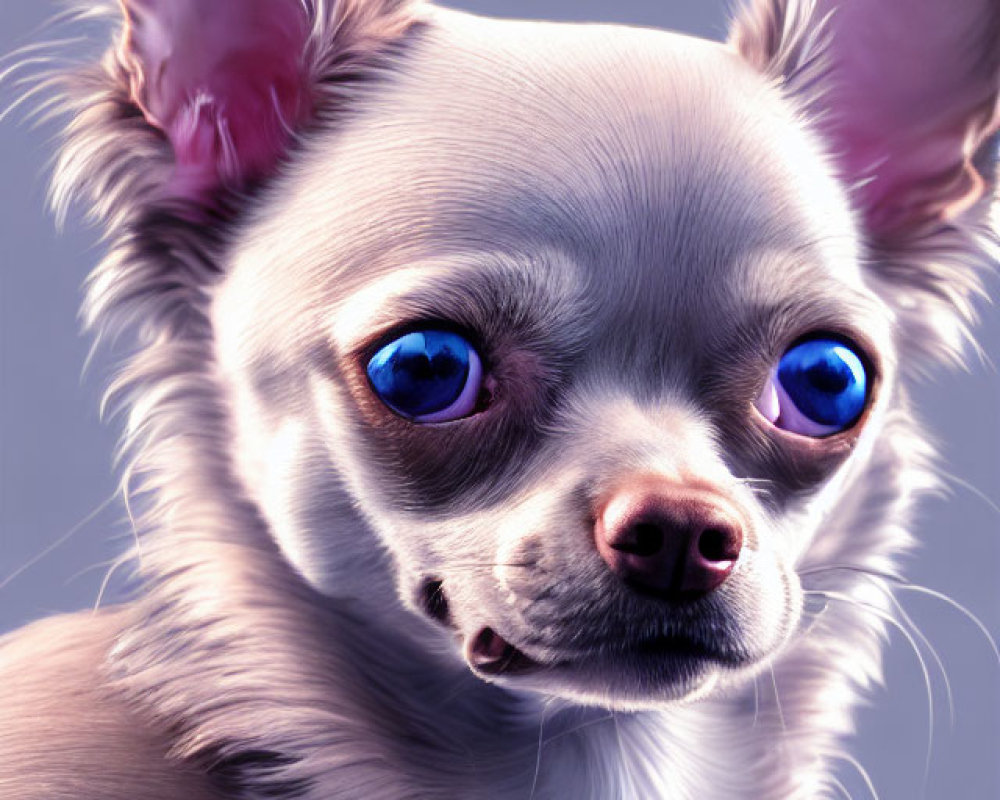 Close-up of Chihuahua with large blue eyes and prominent ears on purple background