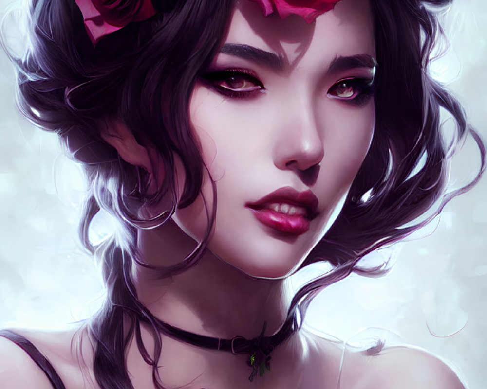 Digital artwork: Woman with wavy hair, pink roses, purple dress, choker, soft bo