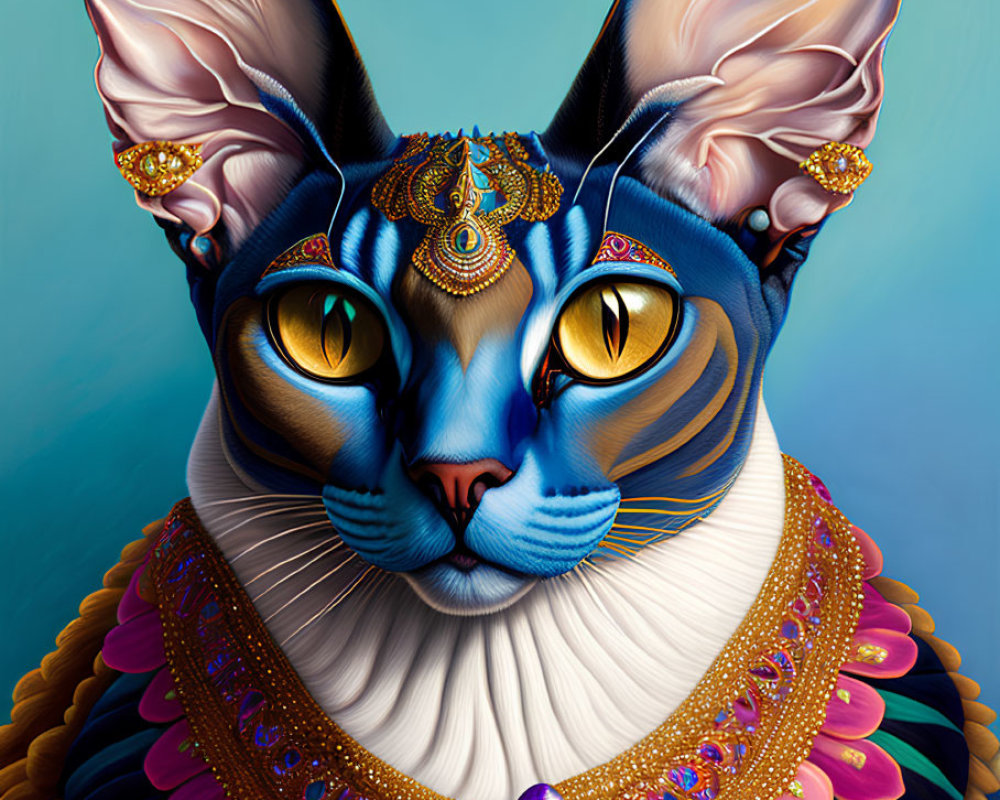 Regal cat with elaborate jewelry and ruffled collar on turquoise background