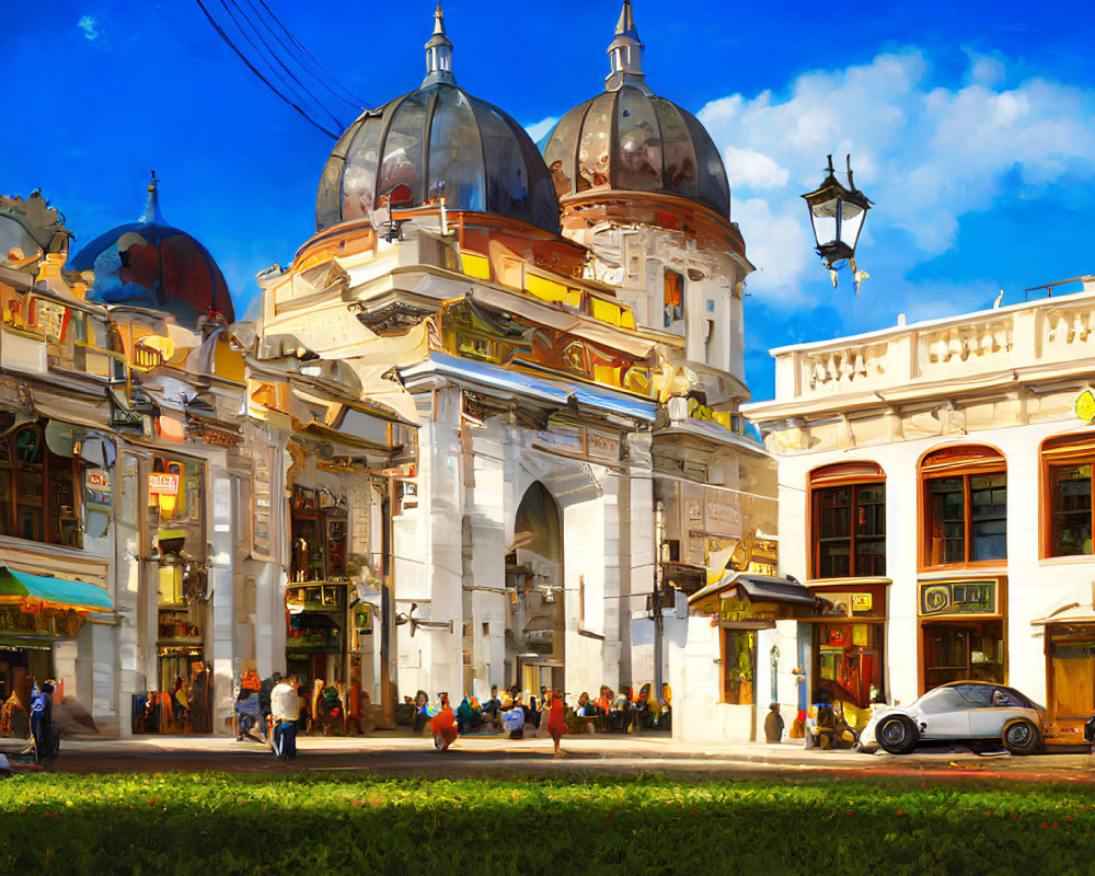 Busy street with ornate buildings, classic car, and blue sky