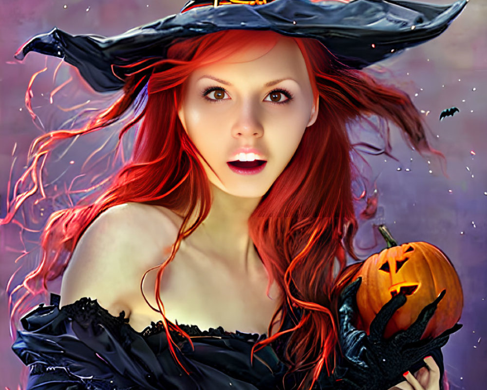 Red-haired person in witch costume with pumpkin, bats, purple backdrop