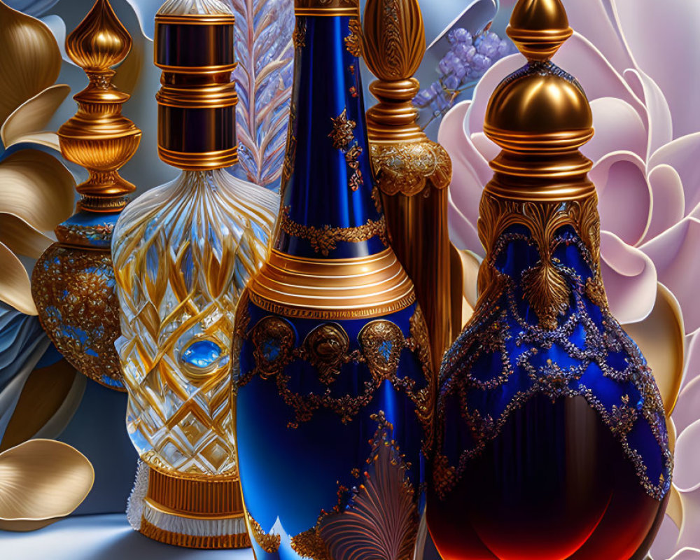 Ornate Perfume Bottles with Gold Patterns and Floral Background