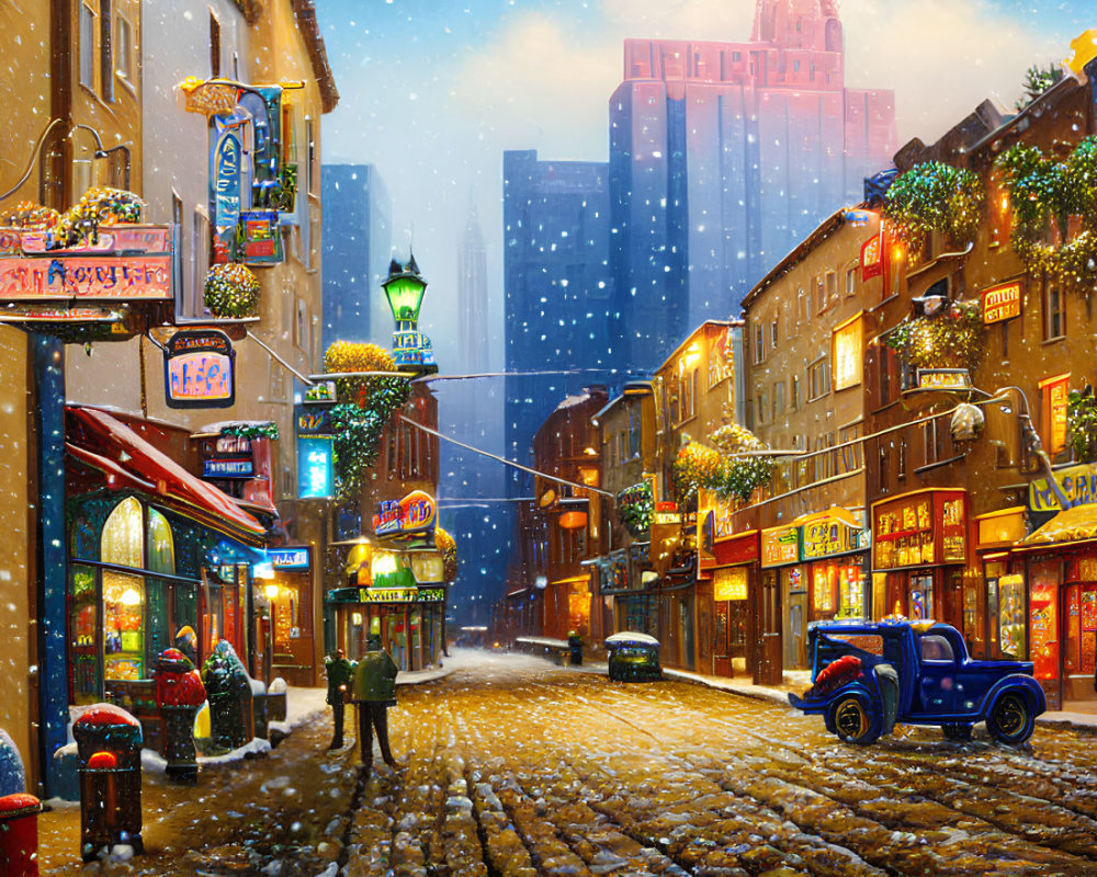 Snowy City Street at Dusk with Festive Decorations and Vintage Blue Truck