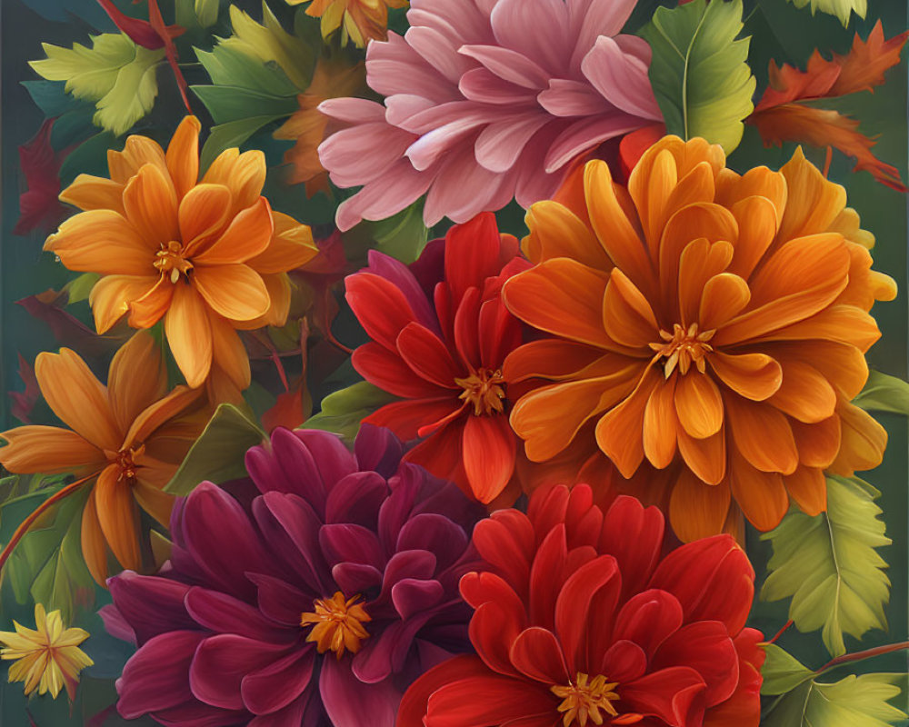 Colorful Dahlia Flowers Illustration on Dark Background