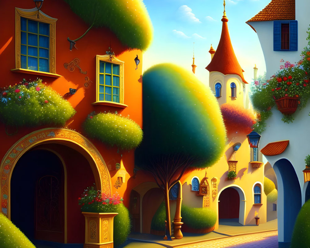 Whimsical fantasy village with colorful houses and cobblestone path