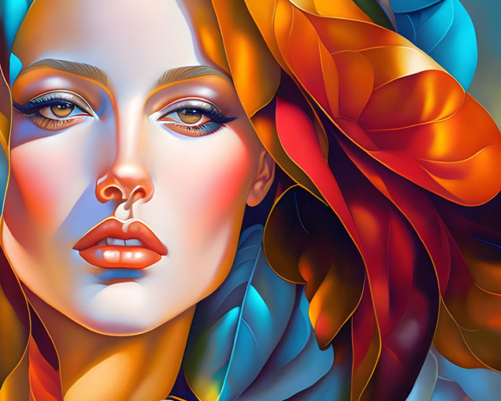 Colorful digital portrait of a woman with flowing blue, teal, and orange hair on warm backdrop