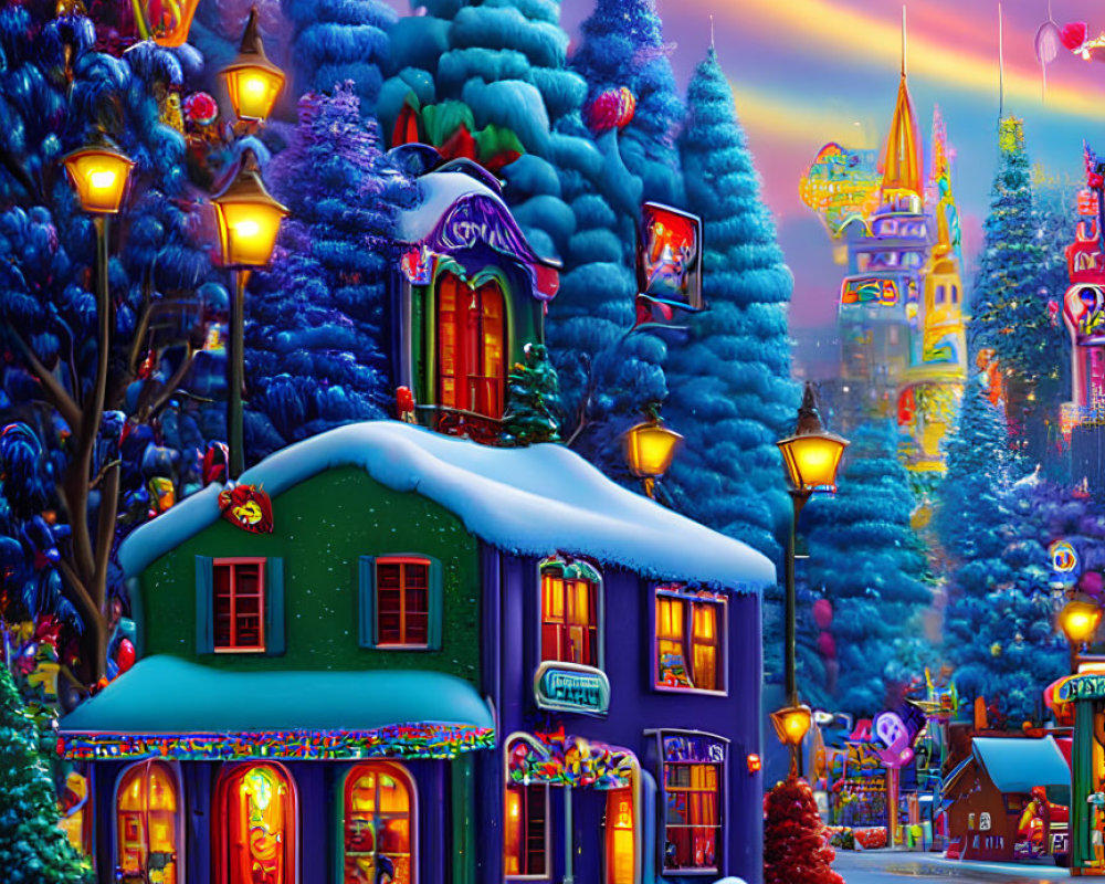 Festive winter village with Santa, toy car, and castle at twilight