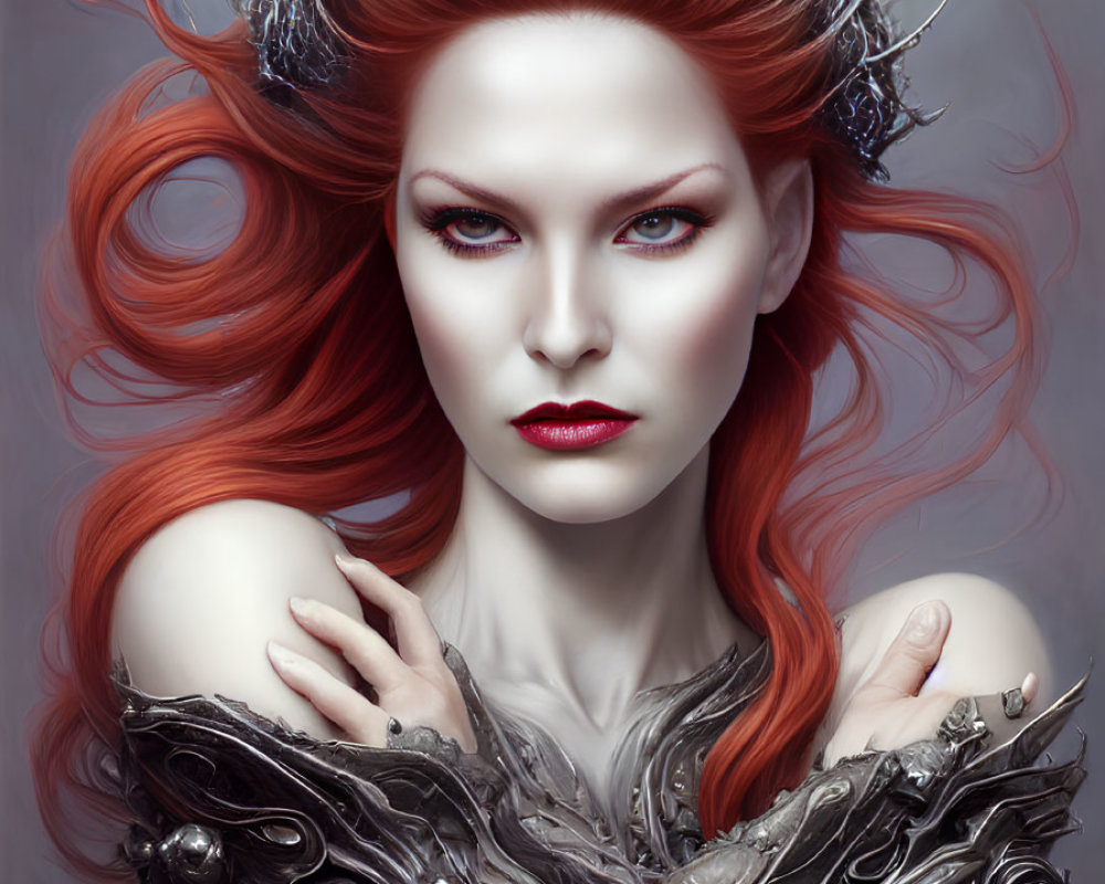 Digital Artwork: Red-Haired Woman with Crown and Ornate Armor