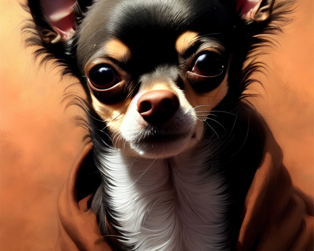 Chihuahua with large ears and big eyes in brown blanket on orange background