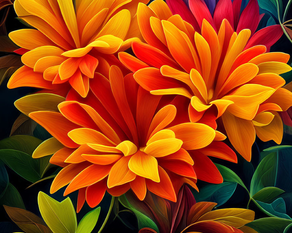 Colorful Stylized Orange and Yellow Flowers on Dark Background