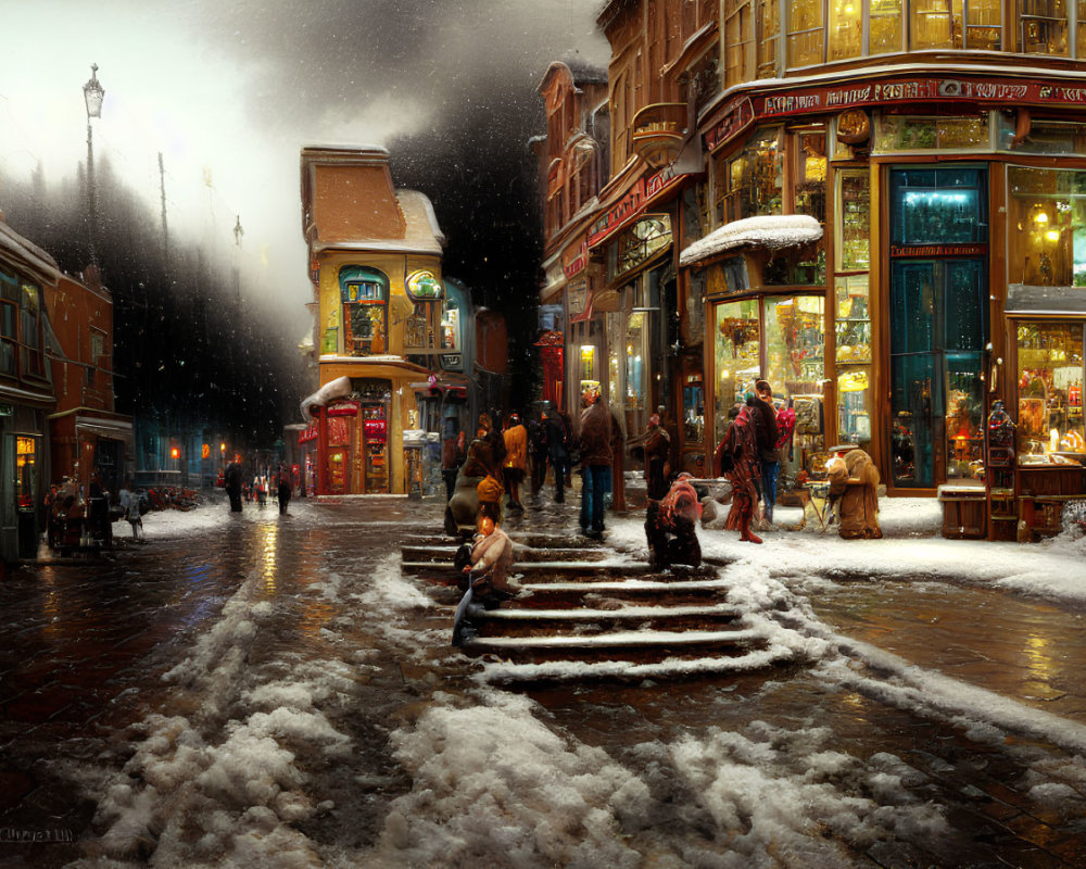 Snowy Dusk Street Scene with Pedestrians and Festive Ambiance