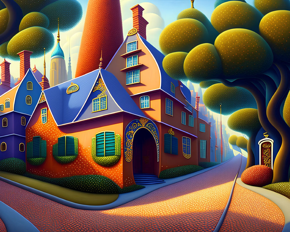 Vibrant illustration of whimsical village street with colorful architecture