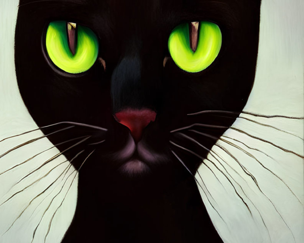 Digital painting: Black cat with green eyes and white whiskers on light background