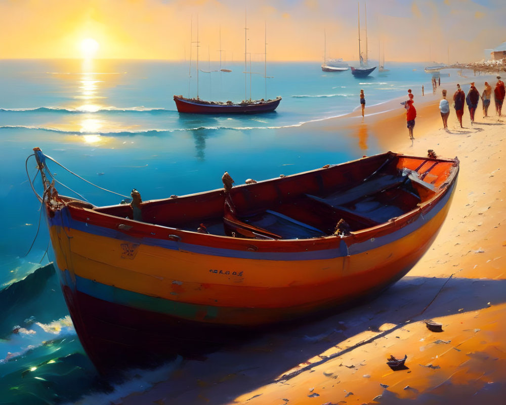 Colorful sunset beach scene with boat, people, and sailboats by the calm sea