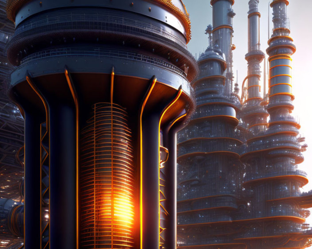 Futuristic industrial complex with towering structures and illuminated pipelines