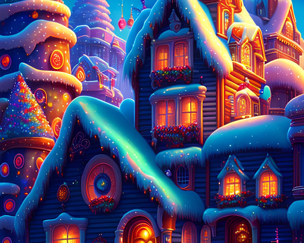 Snow-covered houses and decorated Christmas trees under starry sky