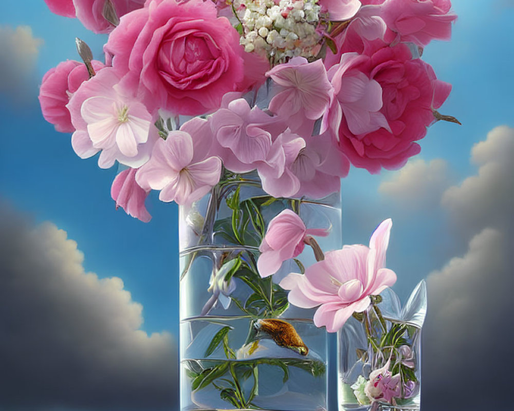 Pink flowers in transparent vase with fish, blue skies and fluffy clouds