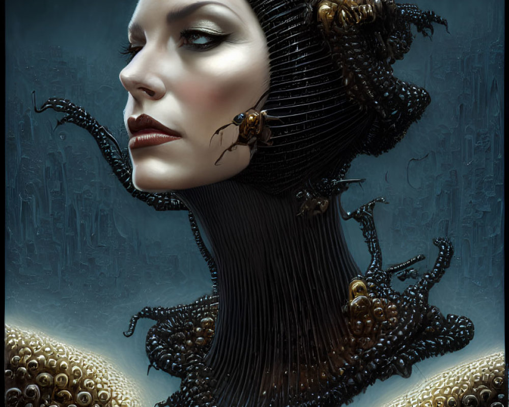 Digital artwork of woman with intricate headpiece and collar against dark background