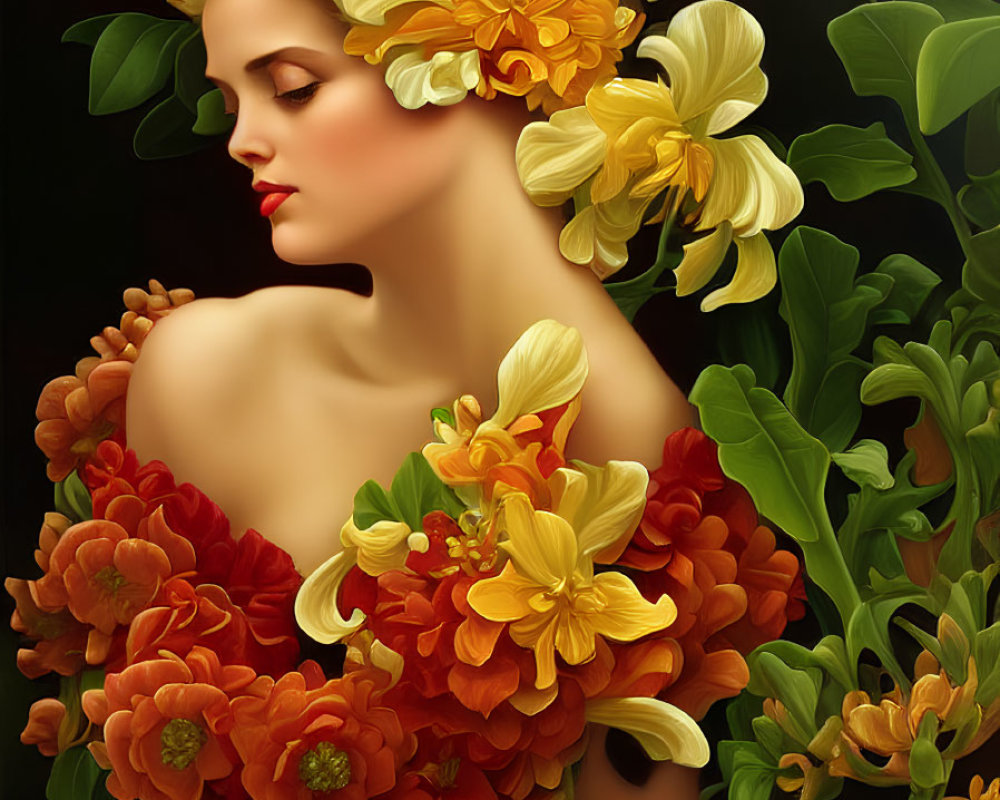 Portrait of woman with golden hair and yellow flowers blending into vibrant orange bouquet