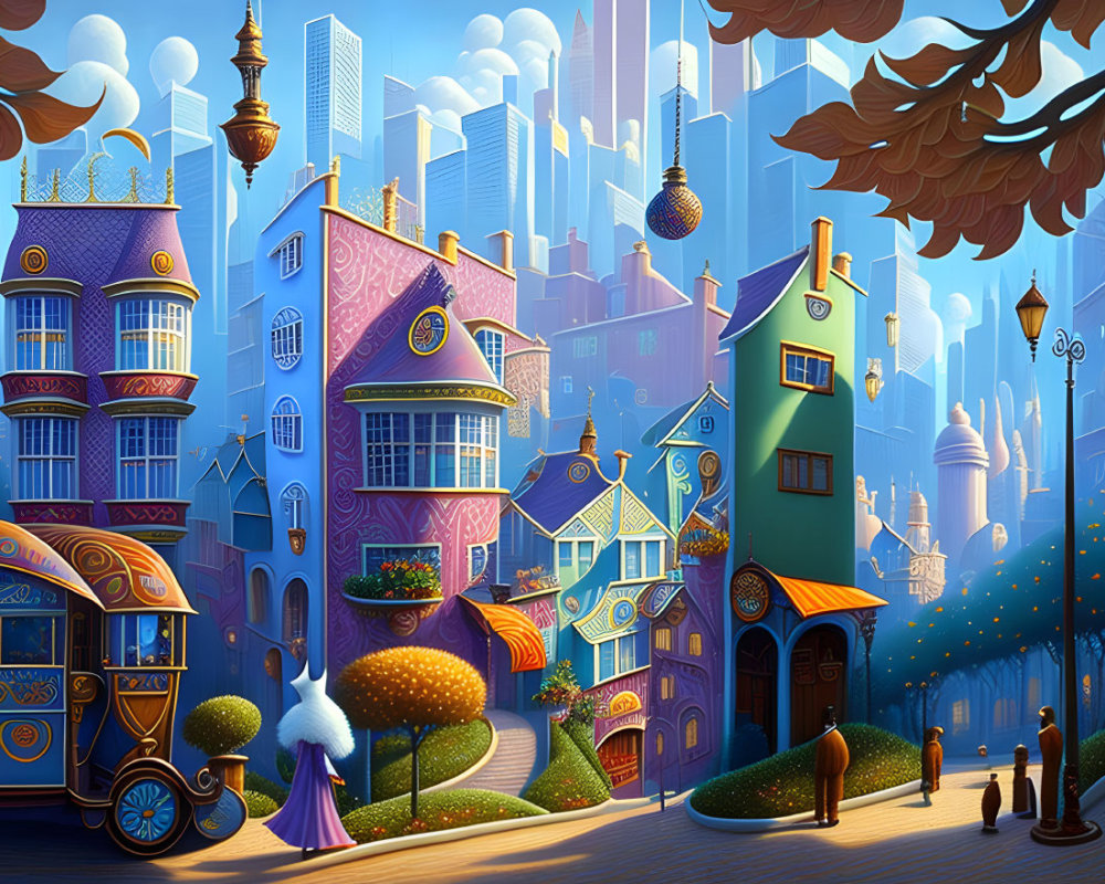 Colorful City Street with Figure in Cape & Futuristic Skyscrapers under Twilight Sky