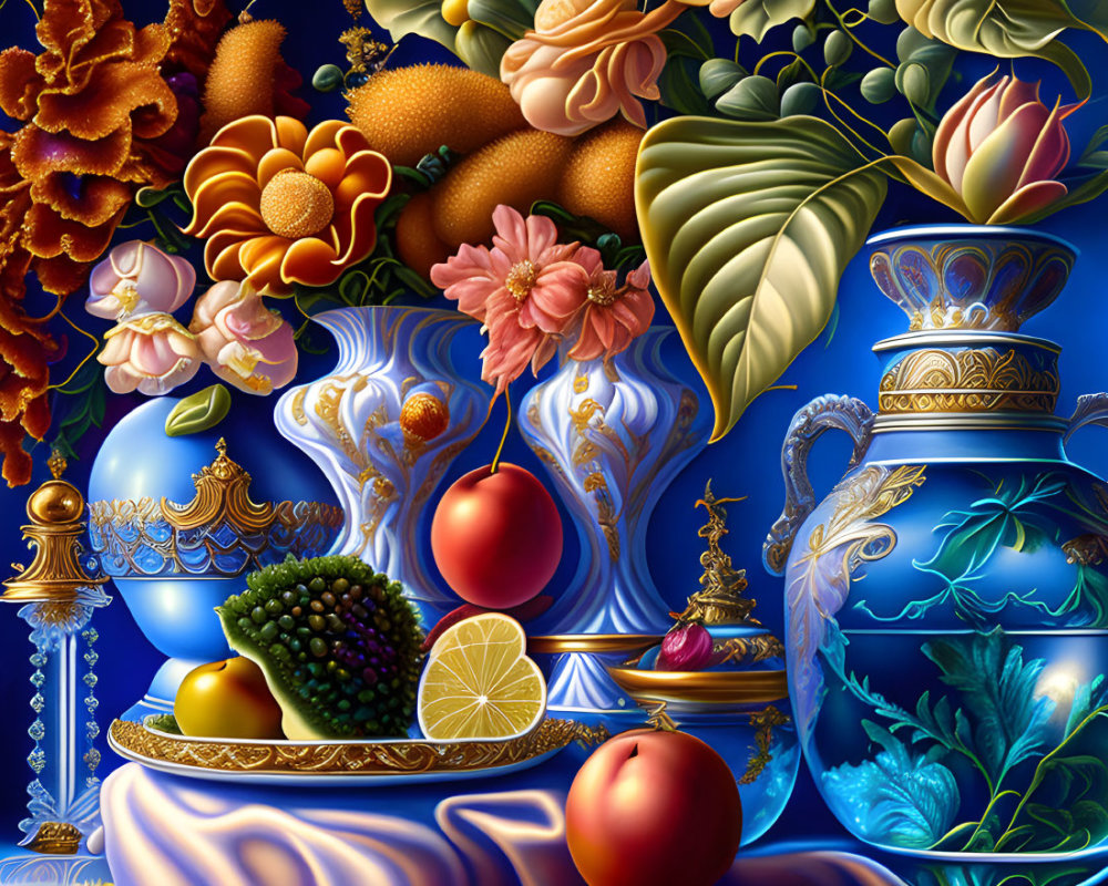 Colorful still life with vases, fruits, and flowers on blue background