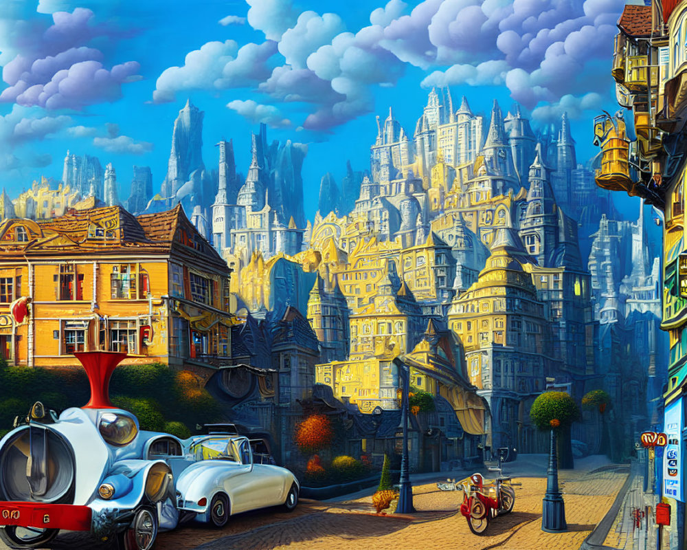 Whimsical cityscape with retro-futuristic vehicles & bright blue sky