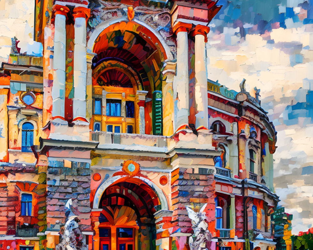 Ornate Building Painting with Grand Archway and Vibrant Colors